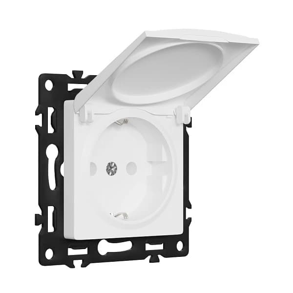 Розетка одинарная с заземлением с крышкой с защитными шторками F55 White
